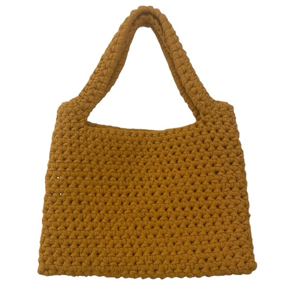 Vintage Handmade Crochet Woven Small Tote Bag Mustard Yellow Boho Trapillo - Picture 1 of 8